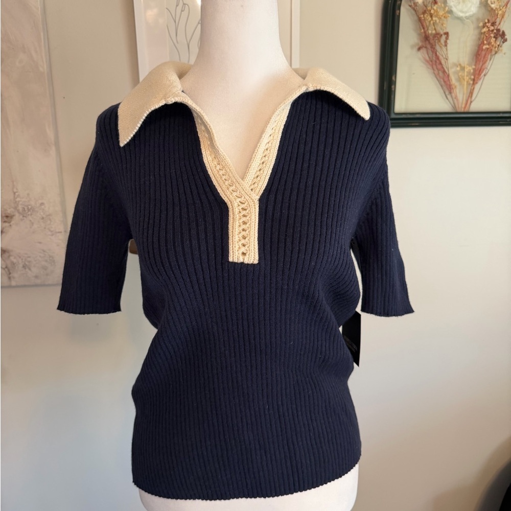Simply Vera Wang Navy and Cream V-Neck Sweater